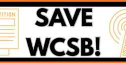 banner that reads Save WCSB! Radio tower drawing is to the right of the words. WCSB is the college radio station at Cleveland State University