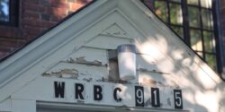 Photo of entrance to college radio station WRBC, the student radio station at Bates College. Photo: J. Waits